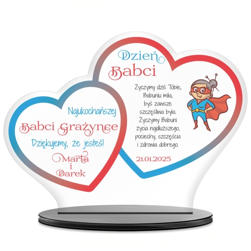 STATUETKA DWA SERCA Prezent dla Babci z okazji Dnia Babci nadruk