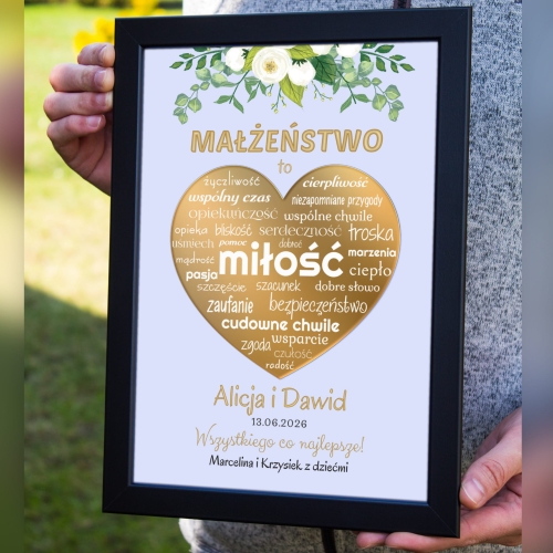 OBRAZ RAMKA złote serce efekt 3d PREZENT ŚLUBNY Z DEDYKACJĄ