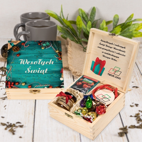 FIRMOWY PREZENT NA ŚWIĘTA kosz upominkowy z życzeniami logo firmy