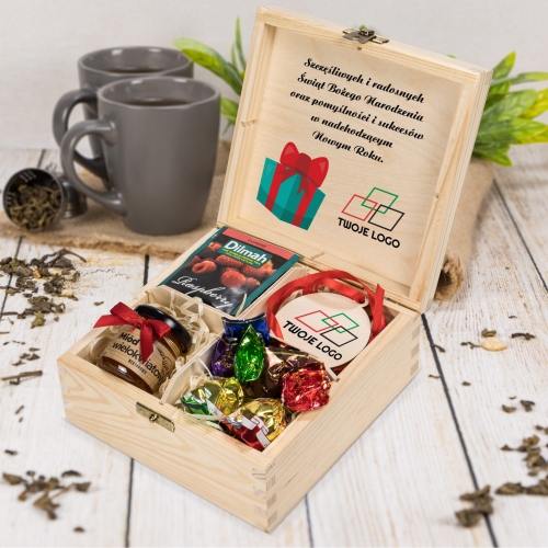 FIRMOWY PREZENT NA ŚWIĘTA kosz upominkowy z życzeniami logo firmy