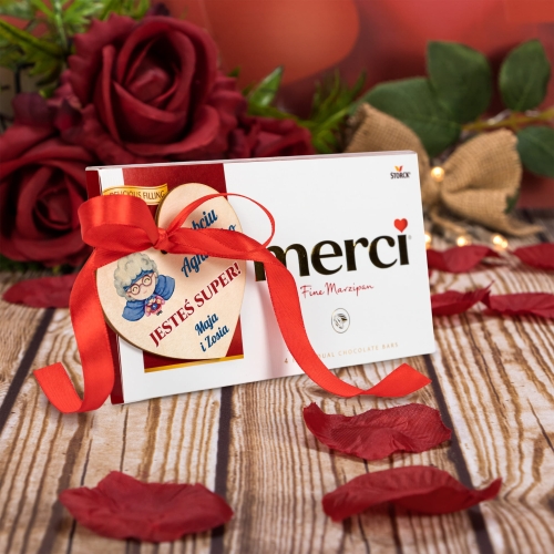 Merci czekolada słodki upominek i serce SUPER BABCI z imieniem