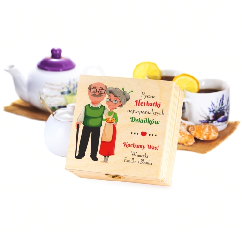 BOX UPOMINKOWY zestaw herbat premium w pudełku z życzeniami nadruk