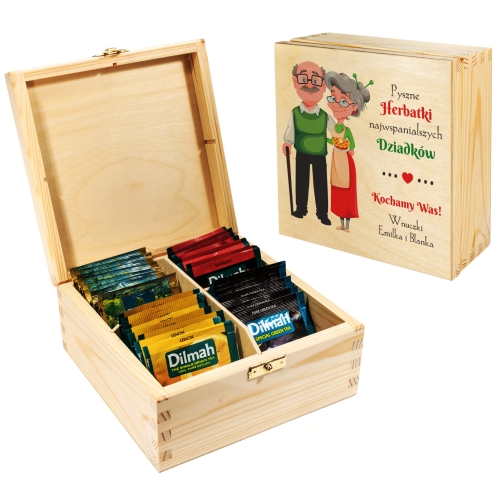 BOX UPOMINKOWY zestaw herbat premium w pudełku z życzeniami nadruk