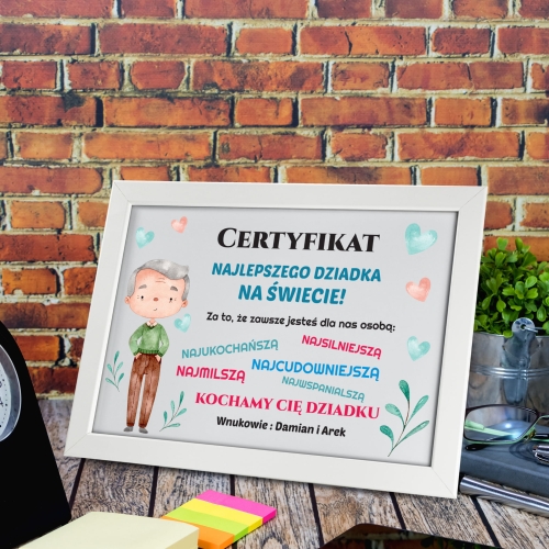CERTYFIKAT DLA NAJ DZIADKA prezent od wnuków biała ramka A4  plakat