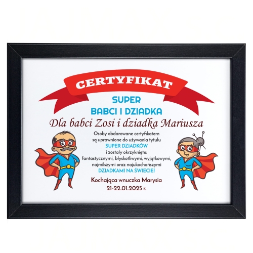SUPER POMYSŁ NA PREZENT DLA DZIADKÓW ramka A4 certyfikat z imionami