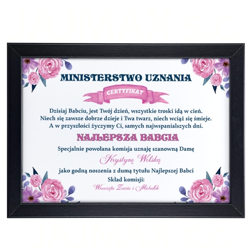 UPOMINEK DLA BABCI certyfikat zabawny tekst PREZENT Z DEDYKACJĄ