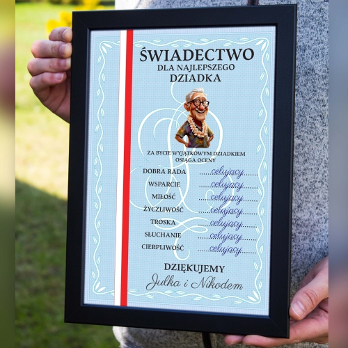 POMYSŁ NA PREZENT DLA DZIADKA świadectwo z czerwonym paskiem podpis
