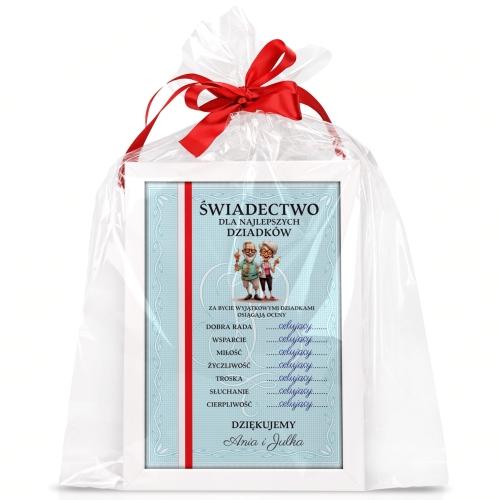 Biała ramka i ŚWIADECTWO Z PASKIEM DLA NAJLEPSZYCH DZIADKÓW super prezent
