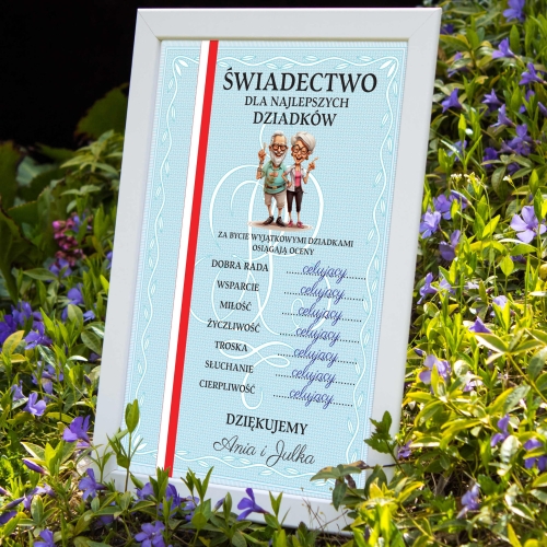 Biała ramka i ŚWIADECTWO Z PASKIEM DLA NAJLEPSZYCH DZIADKÓW super prezent