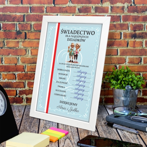 Biała ramka i ŚWIADECTWO Z PASKIEM DLA NAJLEPSZYCH DZIADKÓW super prezent