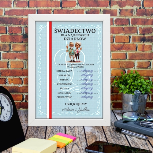 Biała ramka i ŚWIADECTWO Z PASKIEM DLA NAJLEPSZYCH DZIADKÓW super prezent