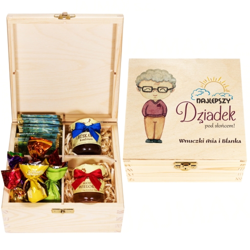 DREWNIANY BOX UPOMINKOWY miód praliny dżem herbaty na Dzień Dziadka