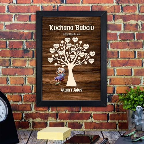 Ramka drzewko z serduszkami PREZENT DLA BABCI z imionami wnuków