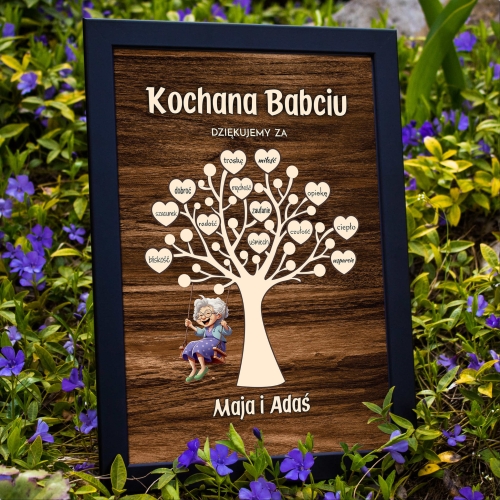 Ramka drzewko z serduszkami PREZENT DLA BABCI z imionami wnuków