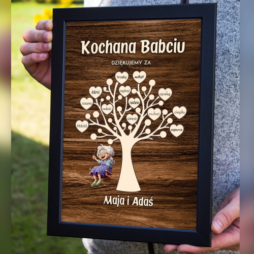 Ramka drzewko z serduszkami PREZENT DLA BABCI z imionami wnuków