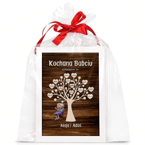 Ramka A4 i plakat dla babci SUPER PREZENT DRZEWKO Z SERCAMI podpis