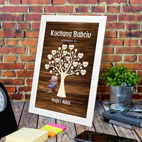 Ramka A4 i plakat dla babci SUPER PREZENT DRZEWKO Z SERCAMI podpis