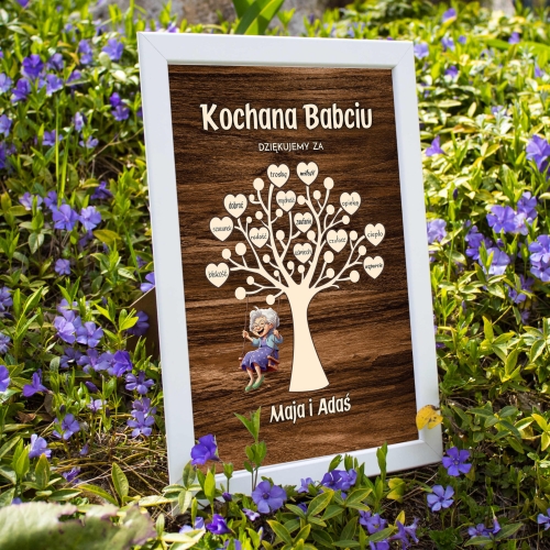 Ramka A4 i plakat dla babci SUPER PREZENT DRZEWKO Z SERCAMI podpis