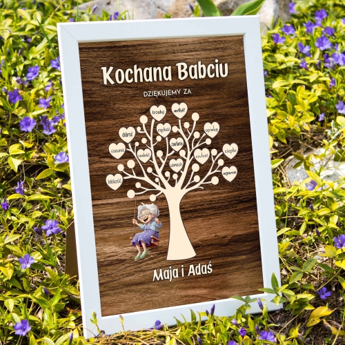 Ramka A4 i plakat dla babci SUPER PREZENT DRZEWKO Z SERCAMI podpis