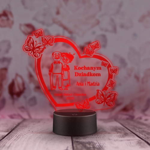Statuetka LED serce z motylami PREZENT DLA BABCI I DZIADKA GRAWER