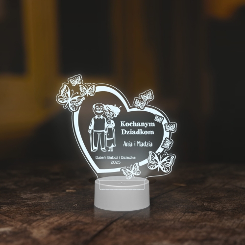 Statuetka LED serce z motylami PREZENT DLA BABCI I DZIADKA GRAWER