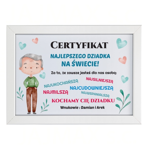 CERTYFIKAT DLA NAJ DZIADKA prezent od wnuków biała ramka A4  plakat