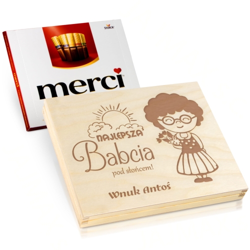 Pudełko na czekoladki Merci prezent dla Babci Dzień Babci grawer