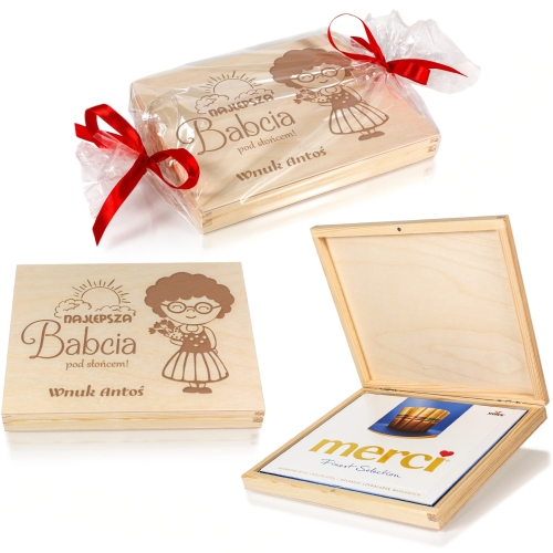 Pudełko na czekoladki Merci prezent dla Babci Dzień Babci grawer