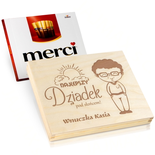 DREWNIANE PUDEŁKO NA CZEKOLADKI MERCI grawer dla Dziadka prezent