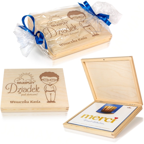 DREWNIANE PUDEŁKO NA CZEKOLADKI MERCI grawer dla Dziadka prezent