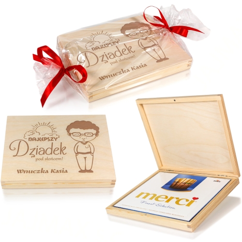 DREWNIANE PUDEŁKO NA CZEKOLADKI MERCI grawer dla Dziadka prezent