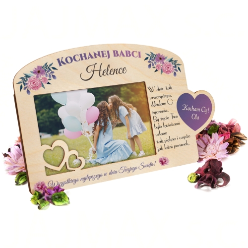 Naturalna ramka na zdjęcia 10x15 prezent dla Babci imię i podpis