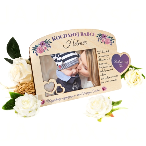 Naturalna ramka na zdjęcia 10x15 prezent dla Babci imię i podpis