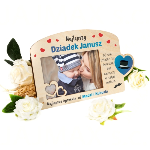 DREWNIANA RAMKA NA FOTOGRAFIĘ prezent dla Dziadka z życzeniami imię
