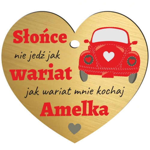 ZŁOTA ZAWIESZKA DO SAMOCHODU prezent dla zakochanych nadruk