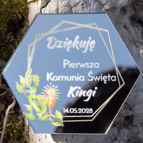 Srebrny heksagon podziękowania dla gości Pierwsza Komunia Święta
