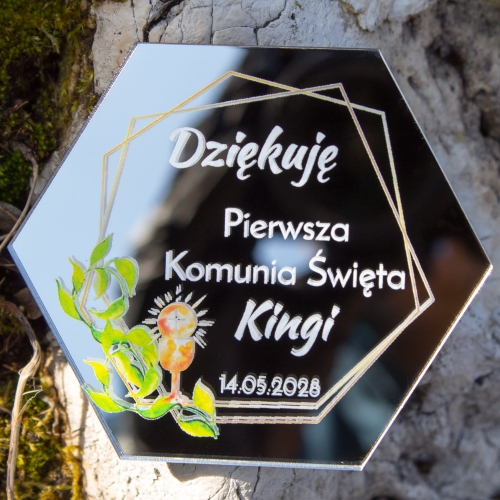 Srebrny heksagon podziękowania dla gości Pierwsza Komunia Święta