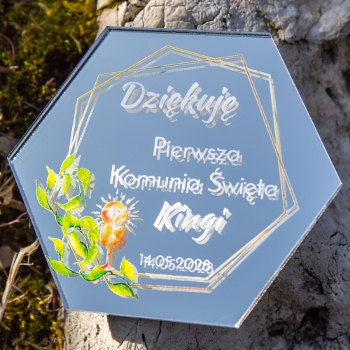 Srebrny heksagon podziękowania dla gości Pierwsza Komunia Święta
