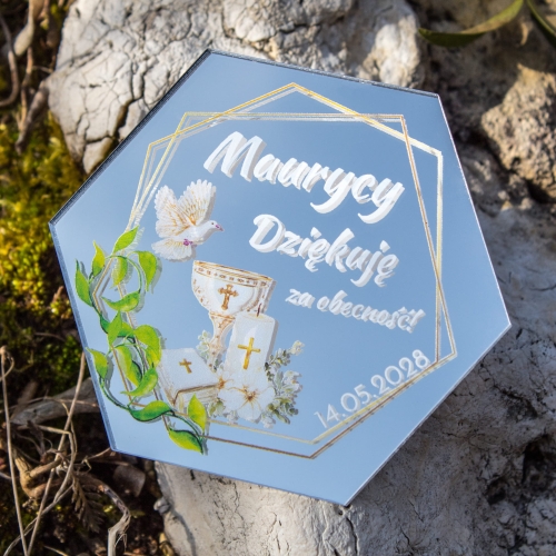 Podziękowania dla gości magnes komunia heksagon SREBRNY
