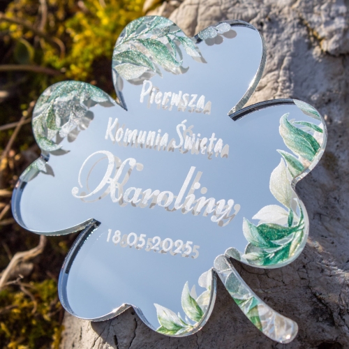 Koniczynka SREBRNA podziękowania dla gości magnes komunia