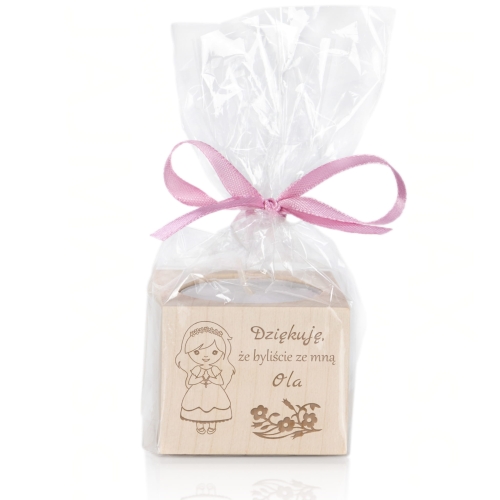 Drewniany świecznik handmade stylowe podziękowanie na Komunię Świętą