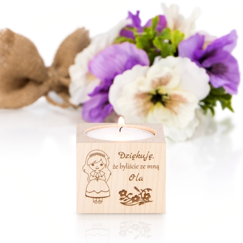 Drewniany świecznik handmade stylowe podziękowanie na Komunię Świętą