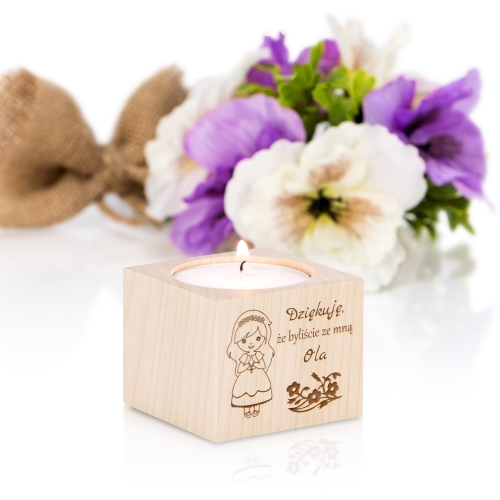 Drewniany świecznik handmade stylowe podziękowanie na Komunię Świętą