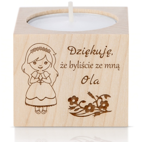 Drewniany świecznik handmade stylowe podziękowanie na Komunię Świętą