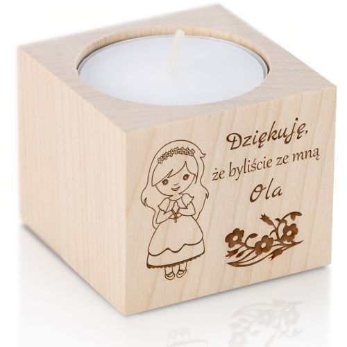 Drewniany świecznik handmade stylowe podziękowanie na Komunię Świętą