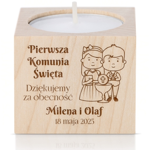 Drewniany świecznik ekologiczne podziękowanie dla gości Komunii Świętej