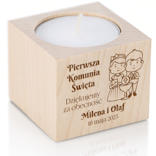 Drewniany świecznik ekologiczne podziękowanie dla gości Komunii Świętej