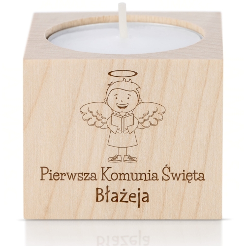 Świecznik z motywem anioła symboliczne podziękowanie dla gości Komunii