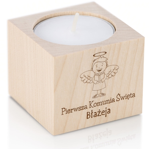 Świecznik z motywem anioła symboliczne podziękowanie dla gości Komunii