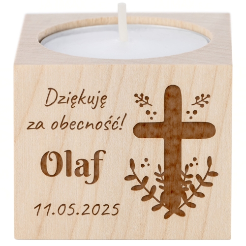 Drewniany świecznik z dedykacją pamiątka i podziękowanie na Komunię